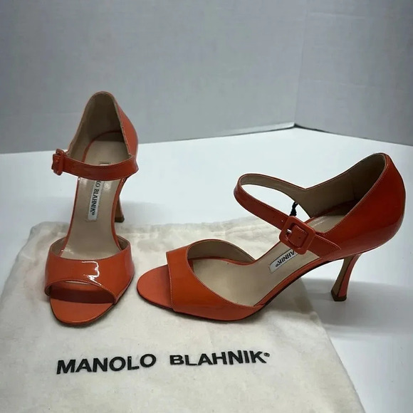 Manolo Blahnik High Heel Shoes Patent Leather Ankle Strap Orange Open Toe 36 - Picture 1 of 11